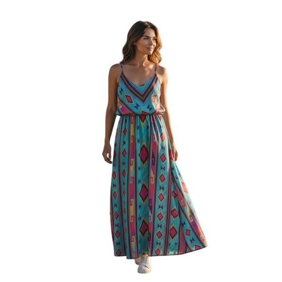 Sapphire Dollz Dresses & Skirts - Sapphire Dollz Womens Aztec Print Spaghetti Strap Maxi Dress Blue Multicolor Bol